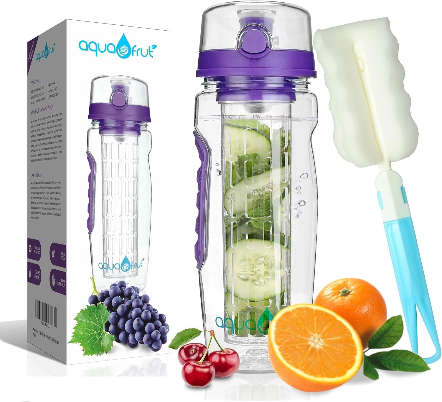 AquaFrut 32 OZ Fruit Infuser Water Bottle, BPA-Free Tritan Infusion Bottle