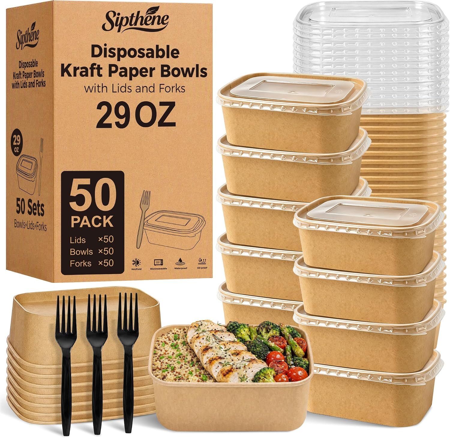 50 Pack 29 oz Disposable Meal Prep Containers with Lids and Forks