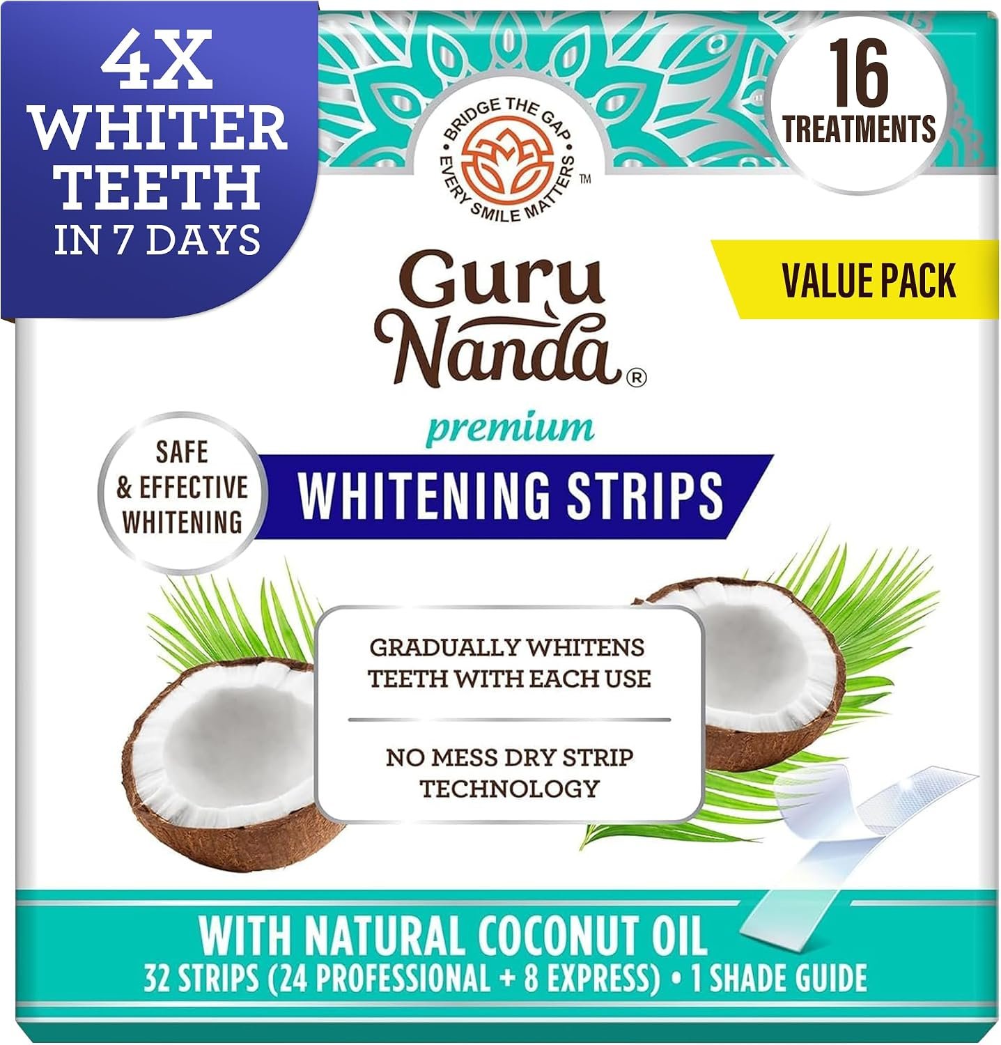 GuruNanda Teeth Whitening Strips – 4X Whiter Teeth, 16-Day Whitening Kit
