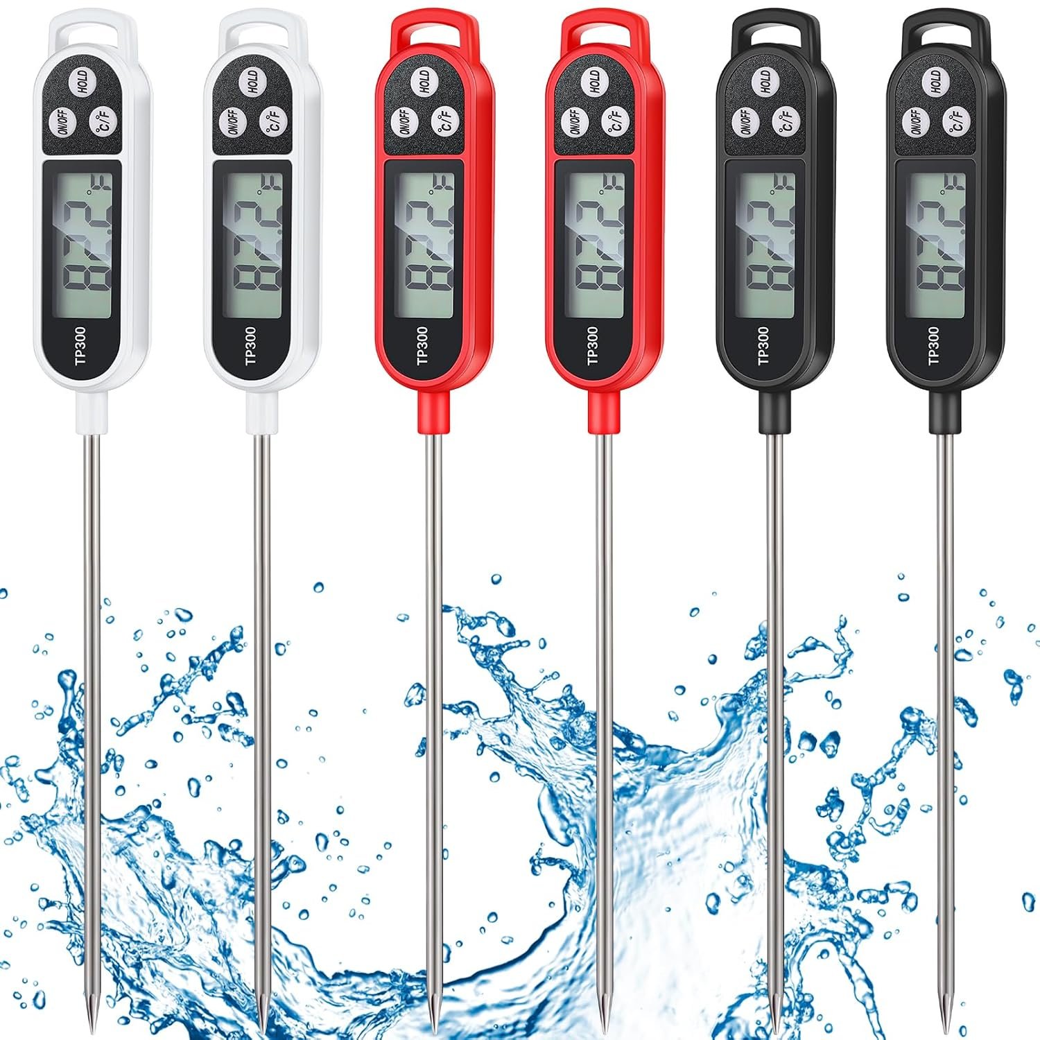 Copkim 6 Pcs Instant Read Meat Thermometer Long Probe,Black, White, Red