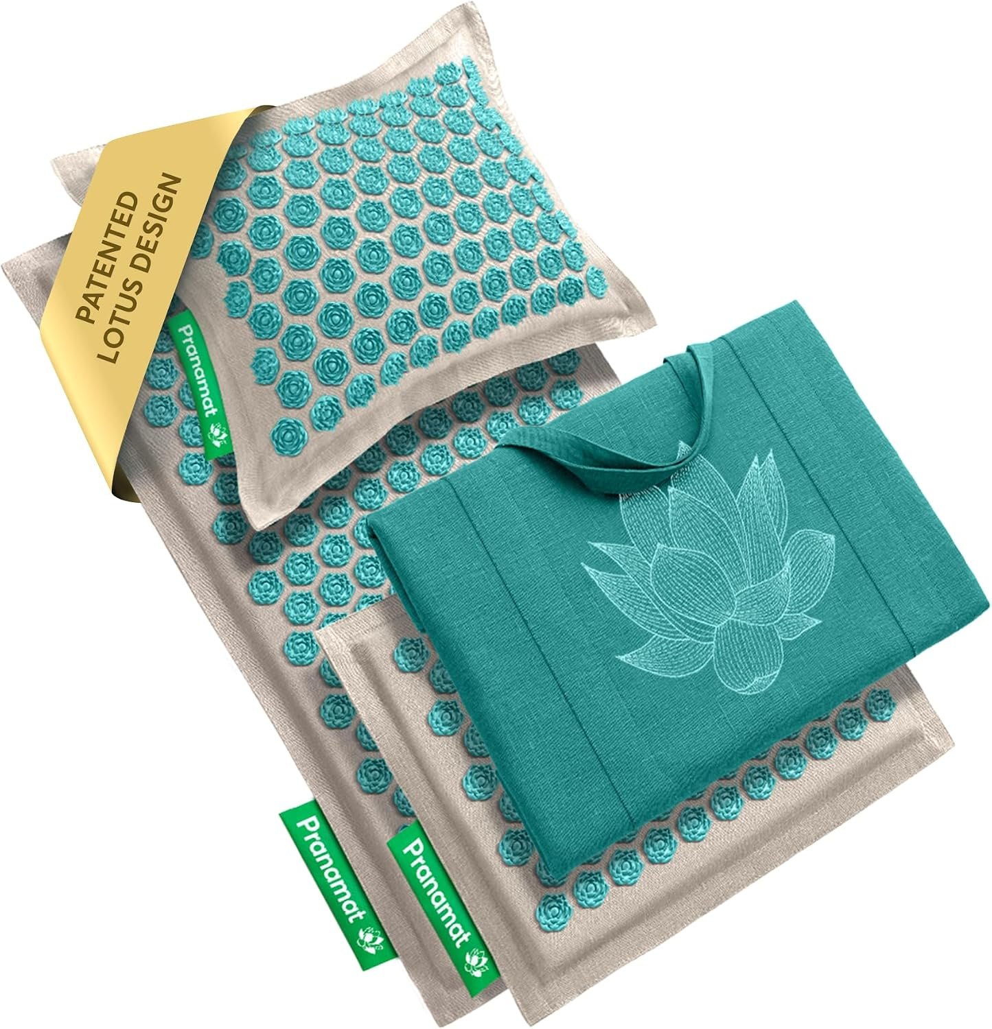 Pranamat Acupressure Large & Small Mat with Pillow and Bag Set, Premium Acupressure Therapy for Pain Relief and Relaxation, Handcrafted in Europe with Sustainable and Natural Materials (Lagoon)