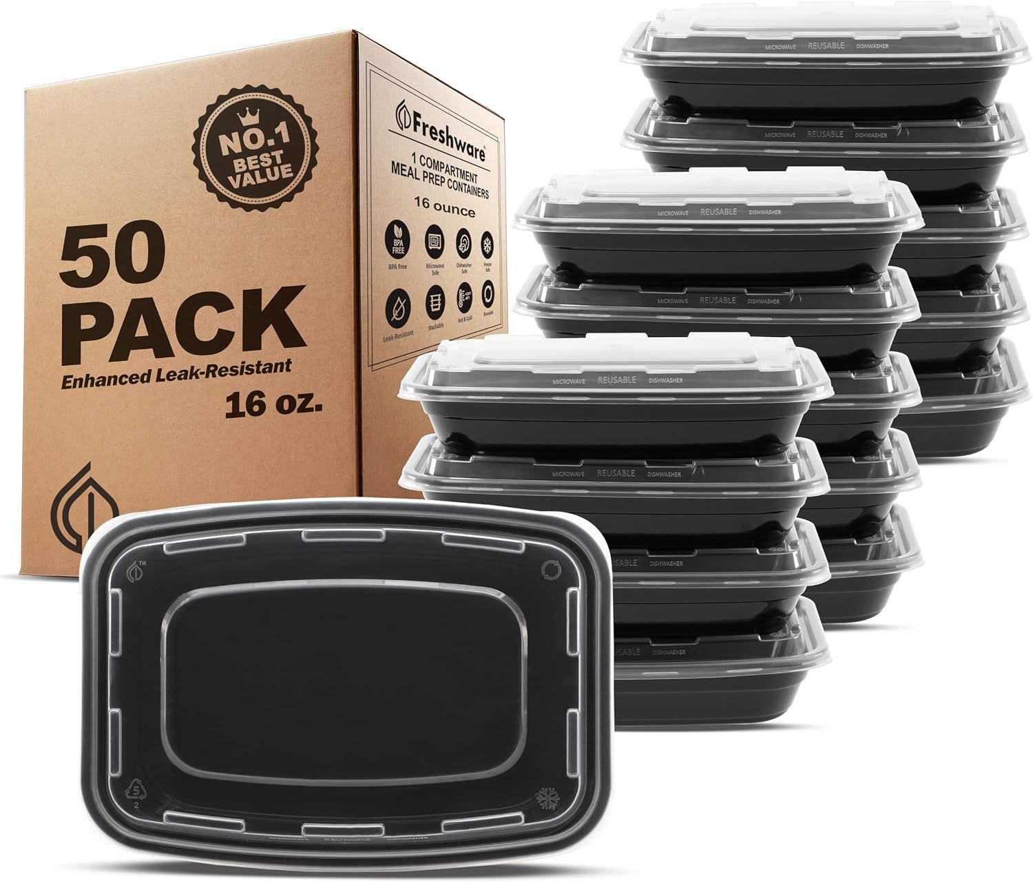 Freshware Meal Prep Containers [50 Pack] 16 oz Food Containers with Lids