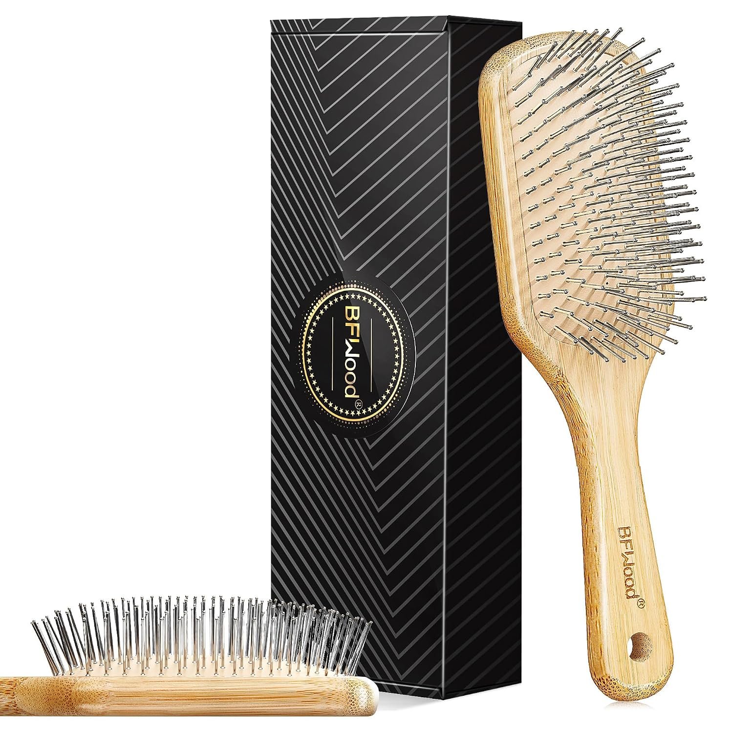 BFWood Metal Bristle Hair Brush, Bamboo Hair Brush with Steel Bristles