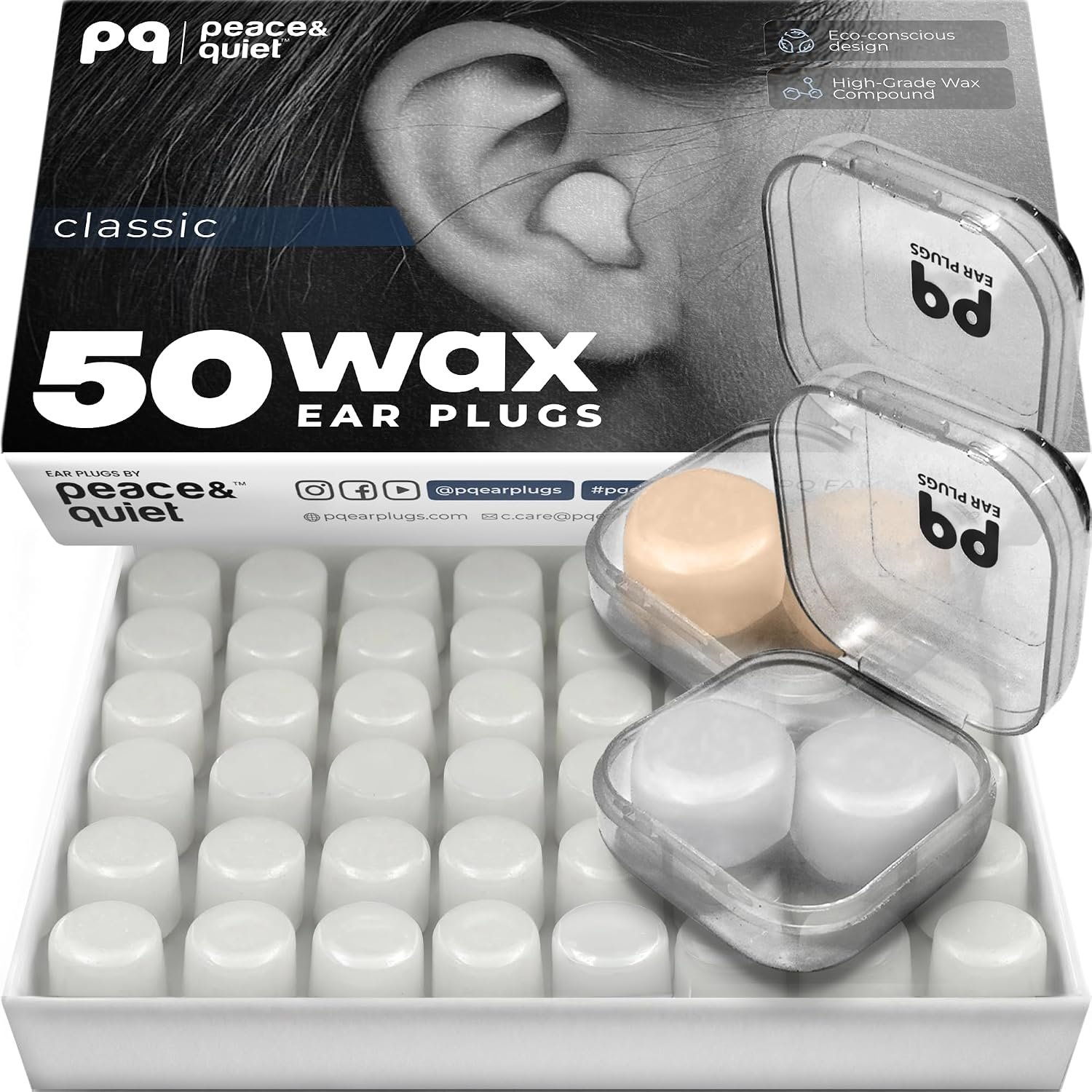 Peace&Quiet PQ Wax Ear Plugs, Silicone Earplugs for Sleep, Classic, 50 Ct