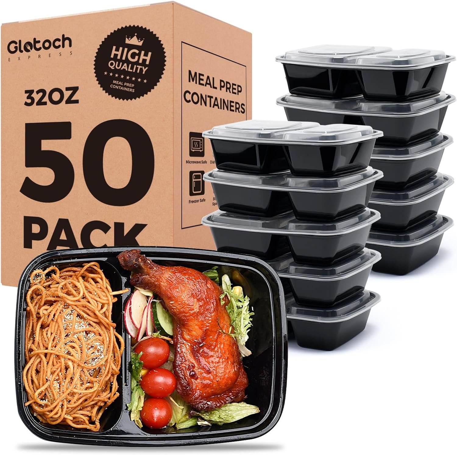 Glotoch 50 Pack(100-Piece)32oz 2-Compartment Meal Prep Containers with Lids