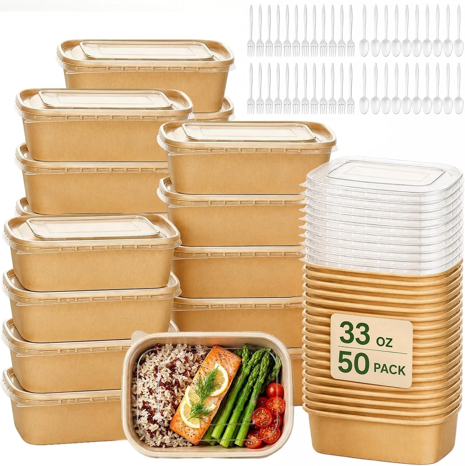 Holotap 50 Pack 33 OZ Brown Meal Prep Containers with Lids【with Spoons and Forks】, Disposable Kraft Paper Bowls, Microwave Safe for Hot/Cold Soup, Disposable Meal Prep Containers for Holiday Party