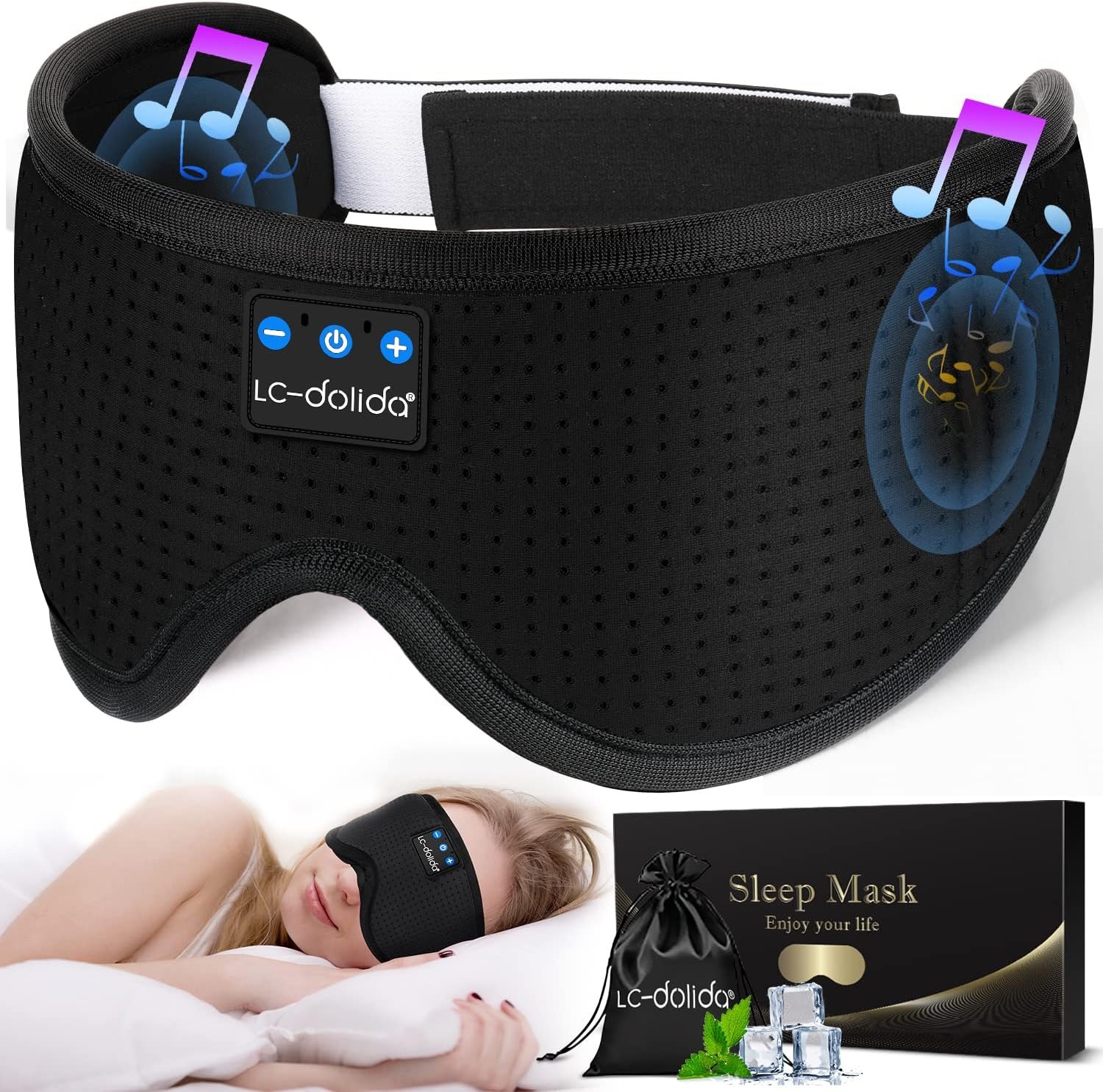 Sleep Headphones Sleep Mask with Bluetooth Headphones, LC-dolida Eye Mask for Sleeping Eye Pillow Sleeping Headphones for Side Sleepers Thin Speaker Cool Gadgets Gifts for Men&Women