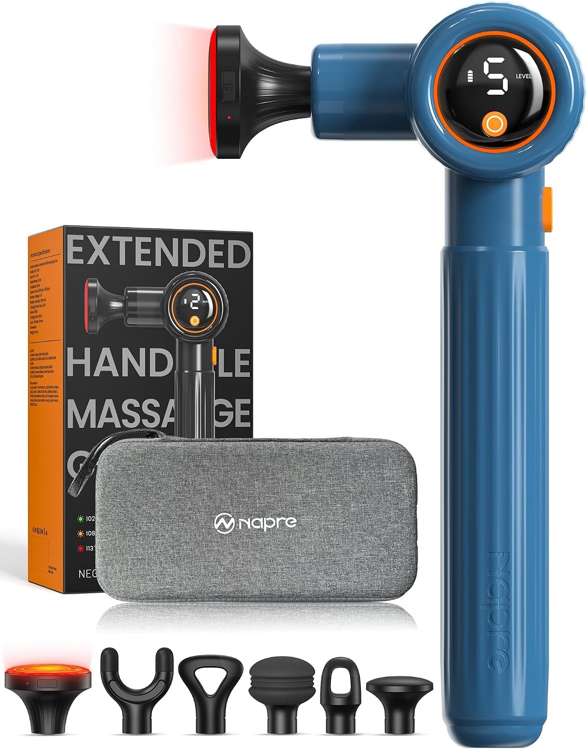 NAPRE Massage Gun with Heat,Massage Gun Deep Tissue with Extension Handle & 3 Adjustable Angles,Handheld Percussion Back Massager for Muscle/Neck/Body Pain Relief with Portable Case,Blue