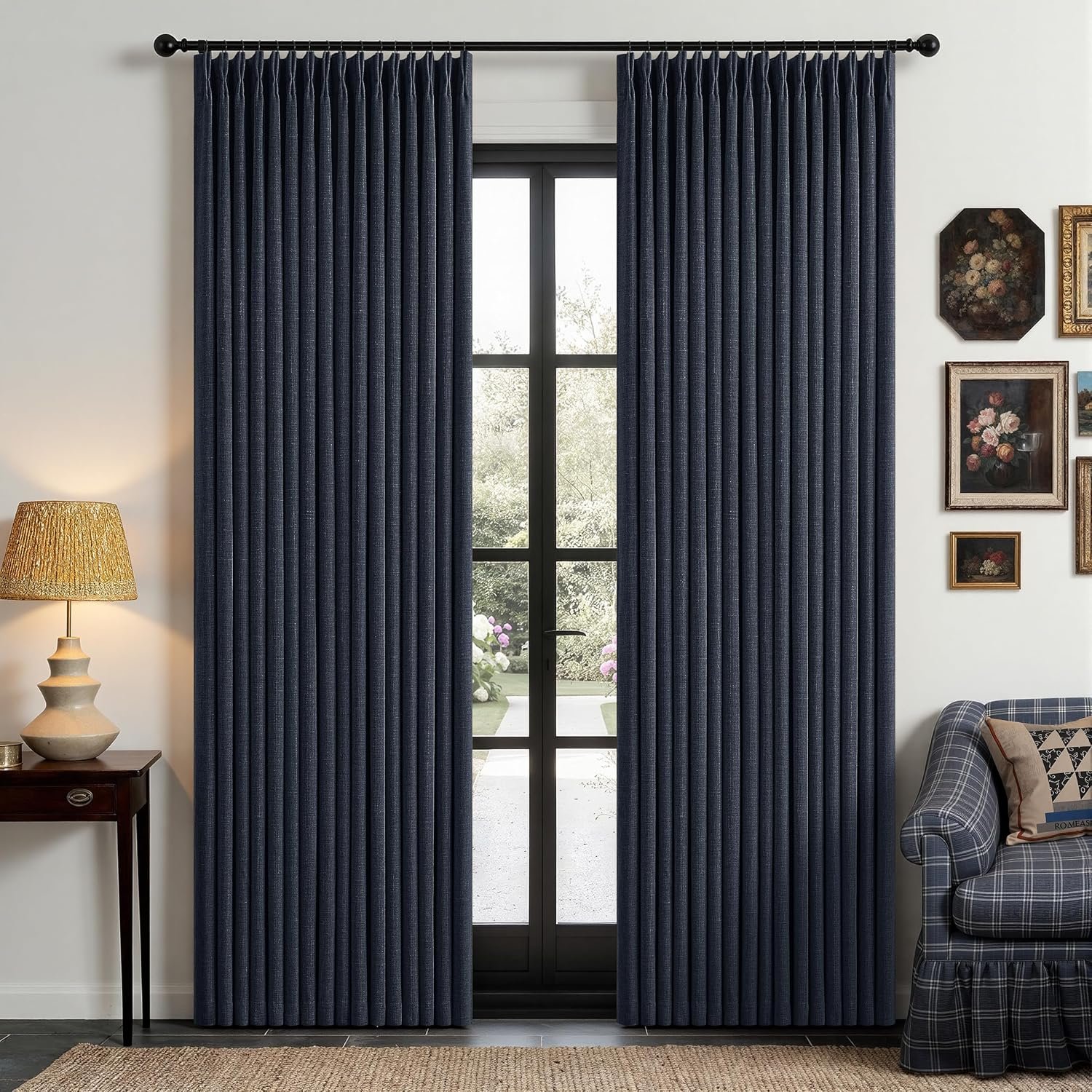 Navy Blue Pinch Pleated 100% Blackout Linen Curtains 84 Inch 2 Panels Set