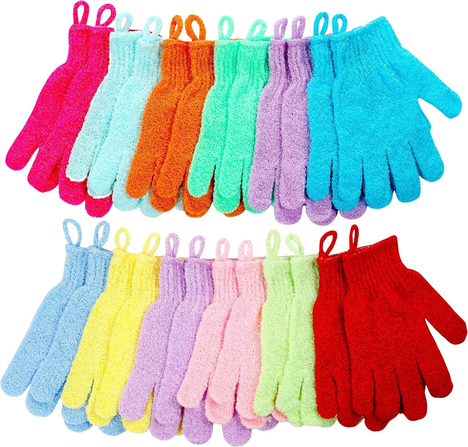Shower Gloves 24 Pcs Exfoliating with Hanging Loop, 12 Colors